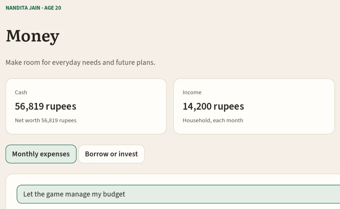 The Money page: cash and monthly household income in rupees, above the household budget, which the game can manage for you.